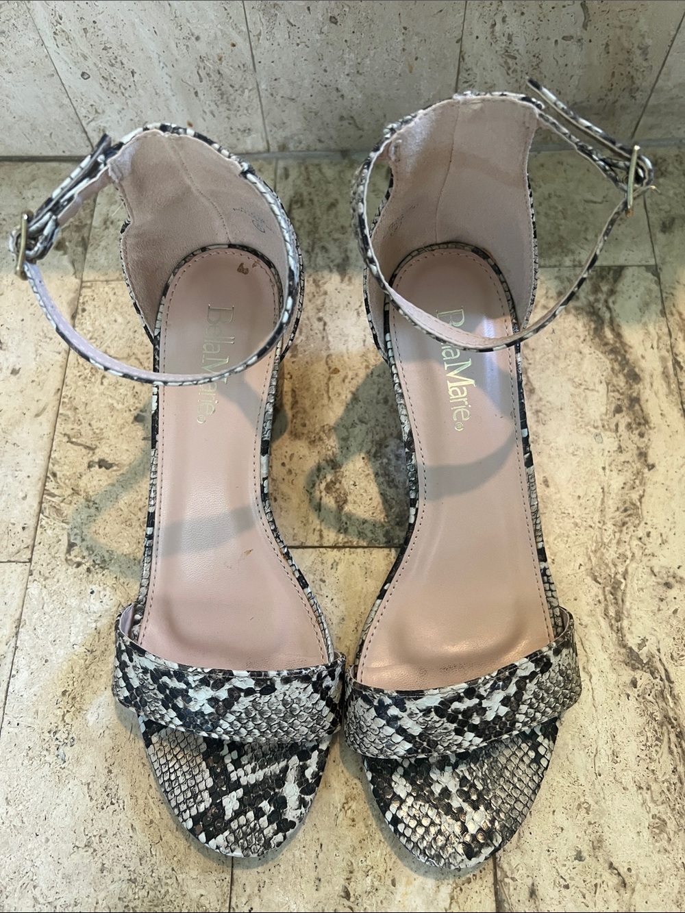 Bella Marie Black & White Snake-Print Ankle Strap Heeled Sandals 8